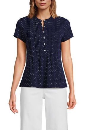Lands End Short Sleeve Lightweight Jersey Button Pintuck Top in Deep Sea Navy Pin Dot at Nordstrom, Size X-Large P