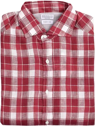 Brunello Cucinelli Red Linen Blend Plaid Button-Down Shirt, Size X-Small