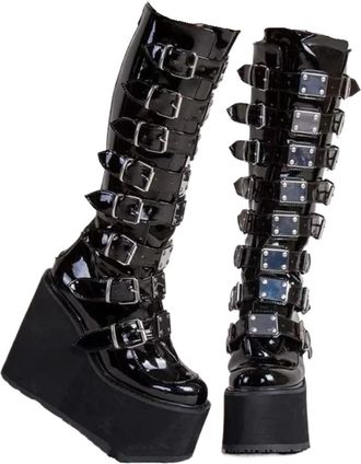 Generic Plus Size Design Platform Thick Heel Mid Calf Boots Women Punk Cool Gothic Black Buckle Shoes Woman High Boots Womens Boots(US11)