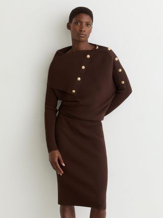 Reiss Chocolate Brown Draped Off-shoulder Rib-knit Dress, XS