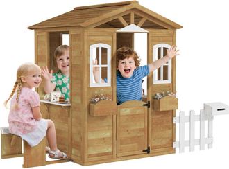 OUTSUNNY Casita Infantil Exterior De Madera Con Buz&oacute;n Ventanas Jardinera Mostrador Y Banco Casa De Juegos Para Ni&ntilde;os A Partir De 3 A&ntilde;os Natural