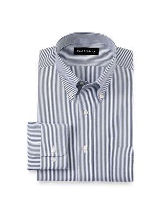 Paul Fredrick Tailored Fit Non-iron Cotton Pinpoint Solid Button Down Collar Dress Shirt in Blue Stripe at Nordstrom, Size 15 - 33