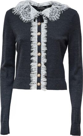 Self Portrait Knit Cardigan With Ruffled Lace Collar And Jewel Buttons