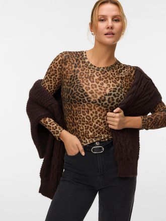 Vero Moda Langarmshirt VERO MODA VMLOVA LS MESH TOP JRS NOOS, Damen, Gr. XS, braun (silber mink aop:leo), Jersey, Obermaterial: 90% Polyester, 10% Elasthan, ani