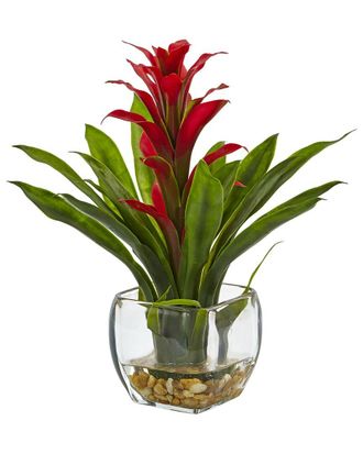 Nearly Natural Bromeliad With Glass Vase Arrangement