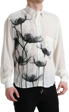 Dolce & Gabbana White Floral Collared Dress Silk Mens Shirt