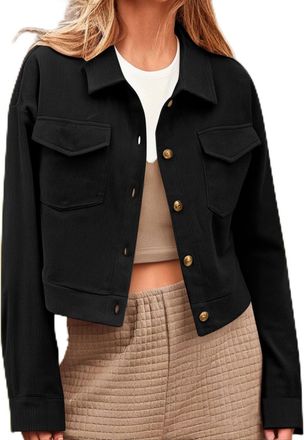 Generic Womens Cropped Corduroy Jacket Elegant Ladies Short Coat Lapel Button-Down Coats with Flap Pockets Casual Fashion Long Sleeve Trucker Jackets for Fall