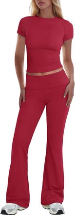 Generic Womens Tracksuits 2 Piece Y2k Outfits Short Sleeve Crop Top and Low Rise Fold Over Flare Yoga Pants Lounge Sets S-L Wine
