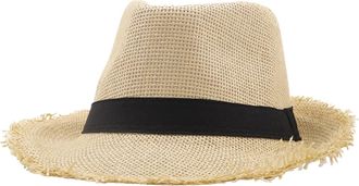 Generic Fringed Straw Fedora Hat for Women Men Short Brim Roll Up Trilby Hats UPF 50+ Summer Beach Straw Retro Jazz Sun Hat Sun Hats for Women UK