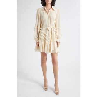 Ramy Brook Maya Ruffle Detail Long Sleeve Silk Mini Shirtdress in Bone at Nordstrom, Size Xx-Large