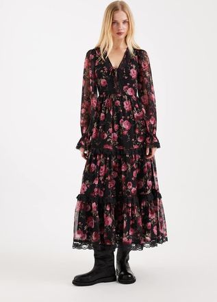 Miss Selfridge Vestito lungo a corsetto con stampa di rosa-Nero