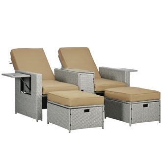 OUTSUNNY Recliner Rattan Sun Lounger w/ Storage Tea Table & Footstools - Beige | TJ Hughes