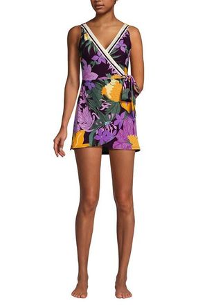 Lands End Side Tie Mini Swim Dress Swimsuit in Dark Wine Floral Blooms Border at Nordstrom, Size 4P
