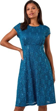 Roman Womens Sequin Fluted Hem Lace Stretch Dress - Teal - Size 20 UK