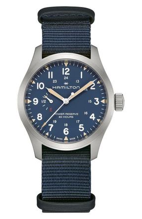 Hamilton Khaki Field Mechanical Power Reserve Web Strap Watch, 40mm in Blue at Nordstrom