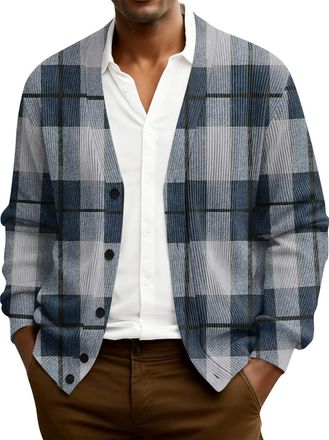 Generic Mens Knitted Cardigan Classic Plaid Cardigans V Neck Button Jumper Winter Warm Casual Long Sleeve Wool Blend Sweater