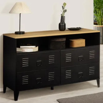 IDMarket Idmarket - C&oacute;moda Ester 115 Cm Con 4 Cajones + 1 Nicho De Metal Negro Y Encimera Tipo Aparador