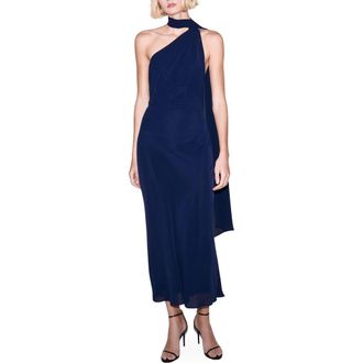 Mango One Shoulder Scarf Dress in Night Blue at Nordstrom, Size 10