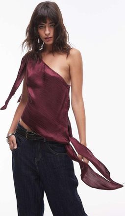 Topshop knot one shoulder top in burgundy-Red