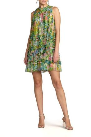 Mac Duggal Sleeveless High Neck Printed Mesh Mini Dress in Green Multi at Nordstrom, Size X-Large