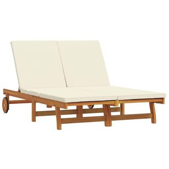 Berkfield Home Double Sun Lounger with Wheels & Cushion - Solid Acacia Wood in Brown