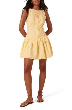 Nobody's Child Claudia Drop Waist Organic Cotton Broderie Anglaise Minidress in Yellow at Nordstrom, Size 12
