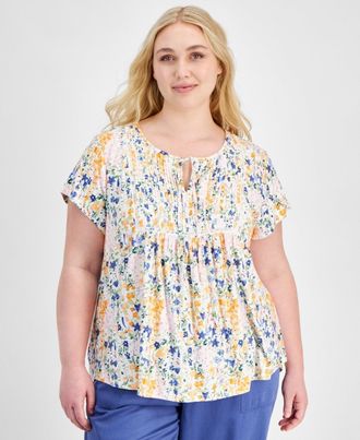 Tommy Hilfiger Top Womens 1X Multi Floral Pintuck Short Sleeve Pullover FTS1336