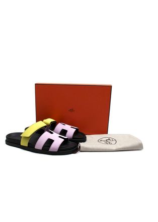 Herm&egrave;s Herm&egrave;s Violet Petale and Vert Lime Satin Chypre Sandals Size 39