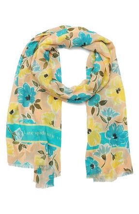 Kate Spade New York spring roses oblong cotton & silk blend scarf in Coral Multi at Nordstrom