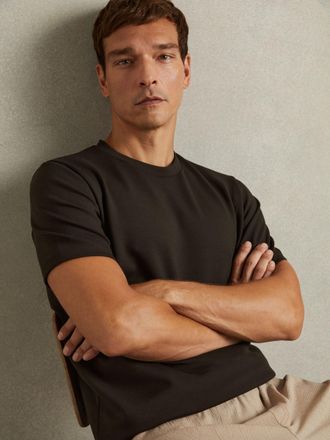 Reiss Chocolate Brown Premium Interlock Crew-neck T-shirt, XL