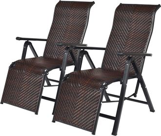 Costway Costway - Set De 2 Sillas Plegables Tumbonas Reclinables De Rat&aacute;n, Chaise Longue Port&aacute;til Con Respaldo Regulable