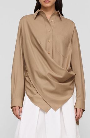 Lafayette 148 New York Tropical Wool Blend Convertible Wrap Blouse in Brownstone at Nordstrom, Size Xx-Small
