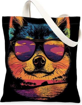 Generic Summer Shiba Inu Dog Canvas Tote Bag for Shopping 13x15, Cool Beach Coastal Puppy Reusable Grocery Print Pattern Bag for Women, Retro Pet Beach Aesthe