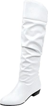 Generic Slouchy Flat Knee High Boots for Women Low Heel Wide Calf Thigh High Boots Faux Leather Pull on Knee-Length Boot Autumn Winter Ladies Classic Footwear