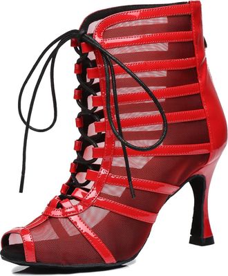 Minitoo Womens Dance Club Boots Mesh Elegant Summer Party Shoes L447 Red UK 5.5