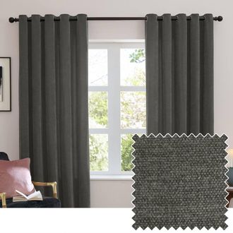 furn. Soft Chenille Blackout Eyelet Curtain Pair in Charcoal | Size: 229 cm width x 183 cm drop
