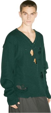 VETEMENTS Vernielde Wollen Gebreide V-hals Trui - Heren - Ronde hals truien - Groen - S - Wol - Truien & Vesten