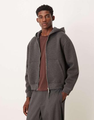 Asos Felpa con cappuccio squadrata comoda antracite con chiusura zip in tessuto effetto scuba-Grigio