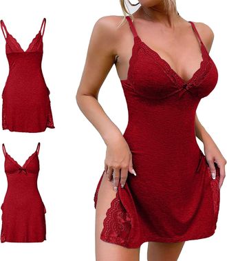 Generic Babydoll Lingerie for Women Nighties Elegant Lingerie Nightdress Pyjamas Sexy Lace Chemise Slip Dress Naughty V Neck Slit Sleepwear Summer Nightgowns 