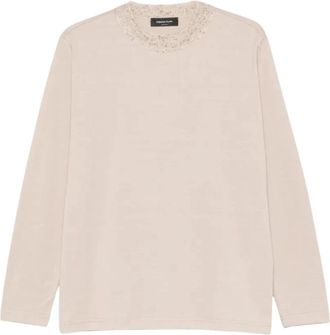 Fabiana Filippi T-shirt met geribde hals - Dames - Ronde hals truien - Beige - XS - Katoen - Truien & Vesten