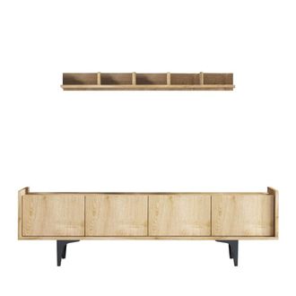 DRAWER Mueble TV de madera y metal con 4 puertas L150cm - Madera clara