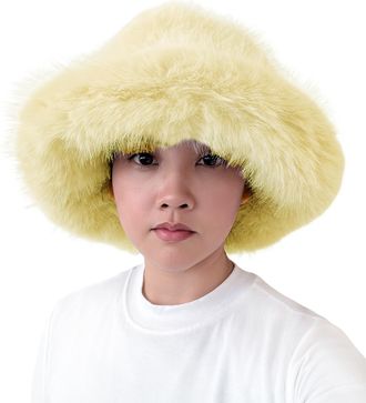Lina & Lily Oversized Winter Faux Fur Bucket Hat for Women - Long Pile Fur Wide Moldable Brim (Light Yellow)
