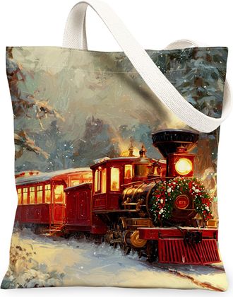 Generic Christmas Train Canvas Tote Bags, Festive Railway Design Reusable Bags, Winter Rustic Lightweight Washable Canvas for Travel Picnic 13x15 Inch