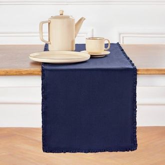 Solino Home Linen Table Runner for Dining Table, Holiday and Everyday Table Decor - Juliette Ruffle in Navy at Nordstrom, Size Large