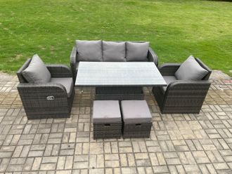 Fimous Rattan Furniture Garden Dining Sets Outdoor Height Adjustable Rising lifting Table & Chair Set With Lounge Sofa 2 Small Footstools in Dark Grey