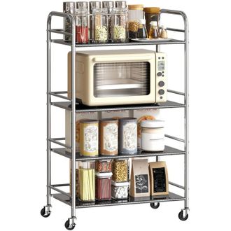 HOMCOM Homcom Carrito Auxiliar Con Ruedas De Acero Inoxidable, Carro De Servicio De 4 Niveles Con Estantes Ajustables, 2 Ruedas Con Freno 60x35x100 Cm, Plata