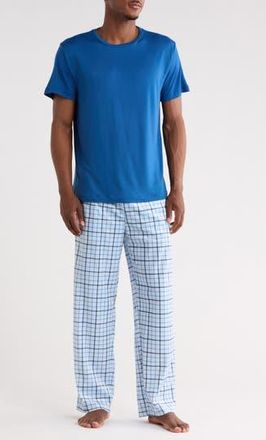 Geoffrey Beene Crewneck T-Shirt & Plaid Pajama Pants Set in Blue at Nordstrom Rack, Size X-Large