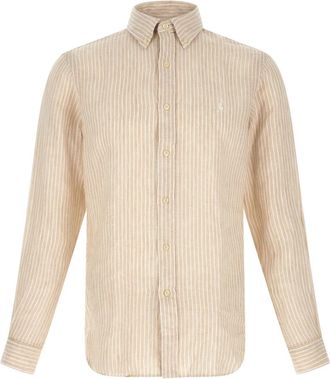 Polo Ralph Lauren Custom Fit Gestreept Linnen Overhemd - Heren - Casual Overhemden - Beige - 2XL - Linnen - Overhemden