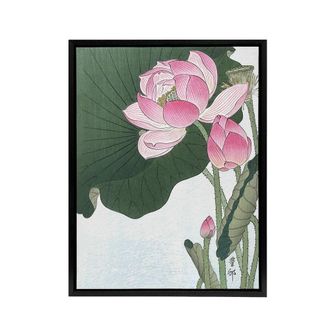 Artery8 Blooming Lotus Flowers Framed Canvas Wall Art Print Ohara Koson in Green | Size: W24 x H32