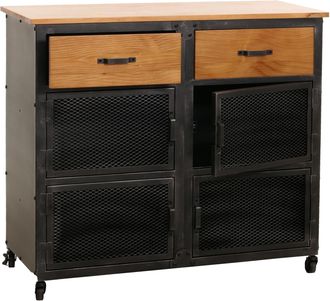 Hhg Hhg - C&oacute;moda 081, Mueble, Ruedas 2 Cajones, Estructura 3d Retro Industrial Metal Madera 90x100x40cm, Negro, Natural